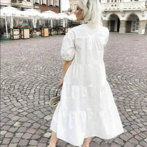 Zara Poplin Voluminous Short Sleeve Midi Dress White Size Medium - Picture 2 of 8